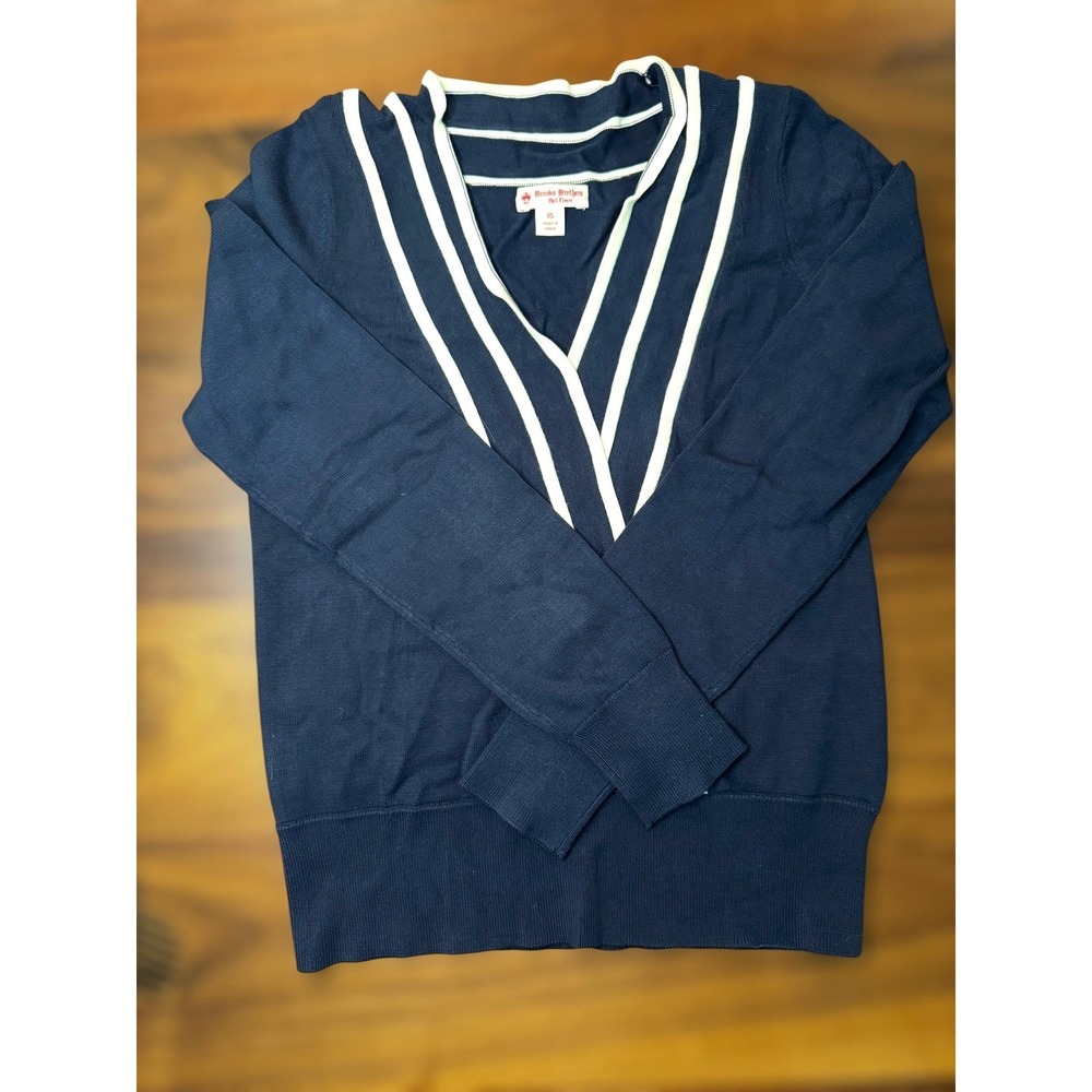 Navy V-Neck Sweater with White Stripe Detail